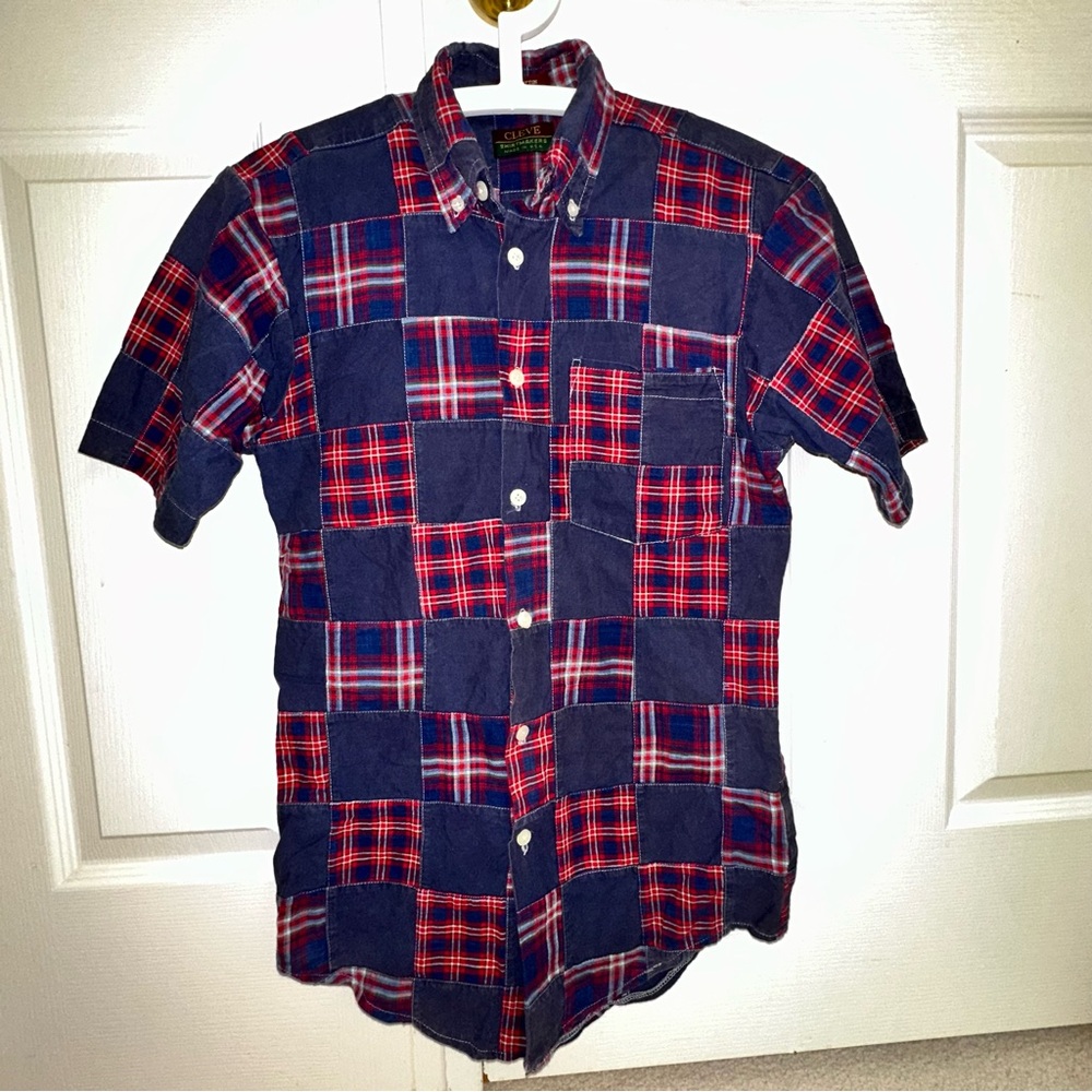Vintage Y2K Patchwork Cleve Shirtmakers Men's Navy/Red Cotton Plaid Shirt - XS